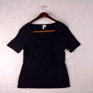 Elle Women XL Black Short‎ Sleeve Knit Top Criss Cross Neckline Stretch Blouse